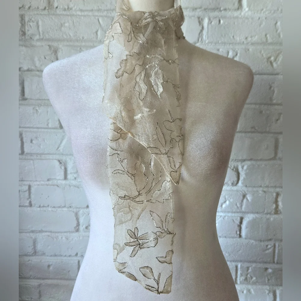 Vintage Ivory + Silver Floral Lace Scarf, Party, Bridal, Wrap